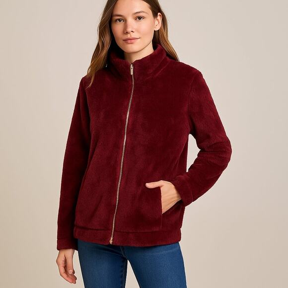 Croft & Barrow Sz Large Wine Faux Fur Zip Jacket - Picture 1 of 12